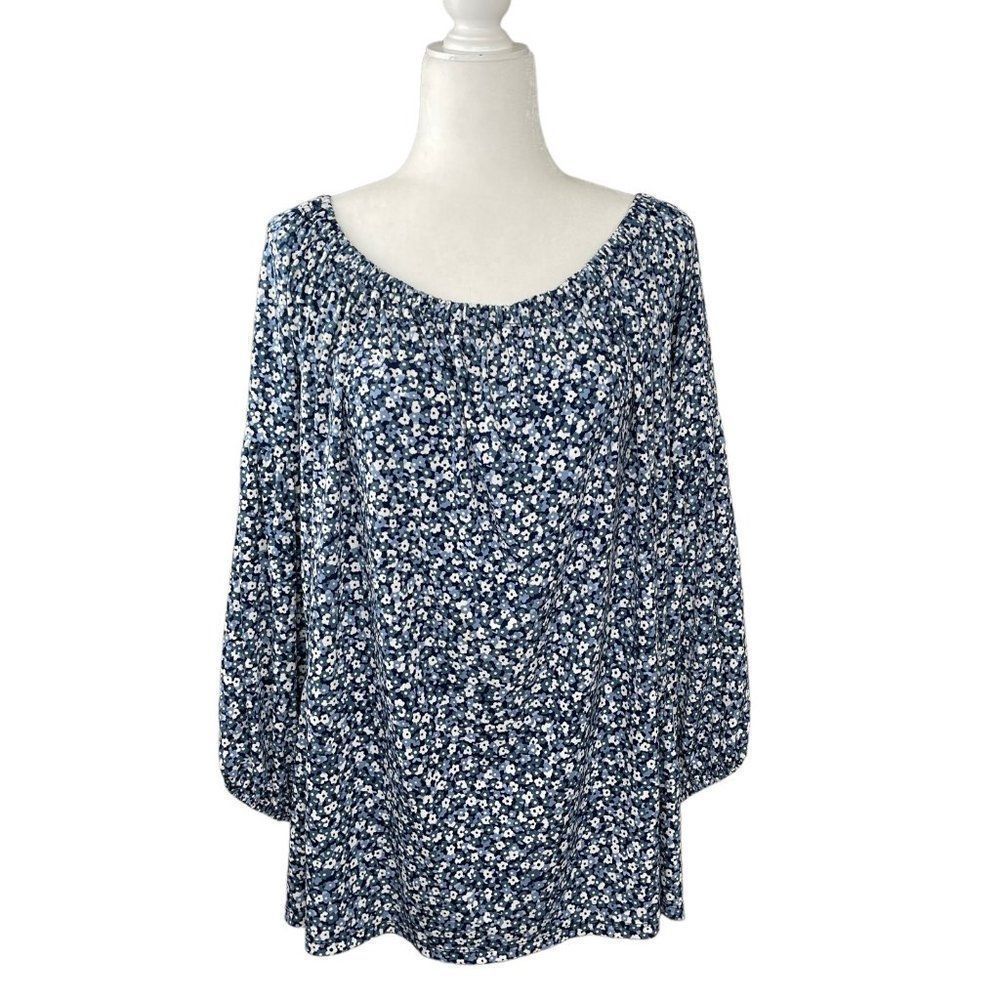 Michael Kors Women's Plus Size Blue Floral Collage Off The Shoulder Top Stretchy